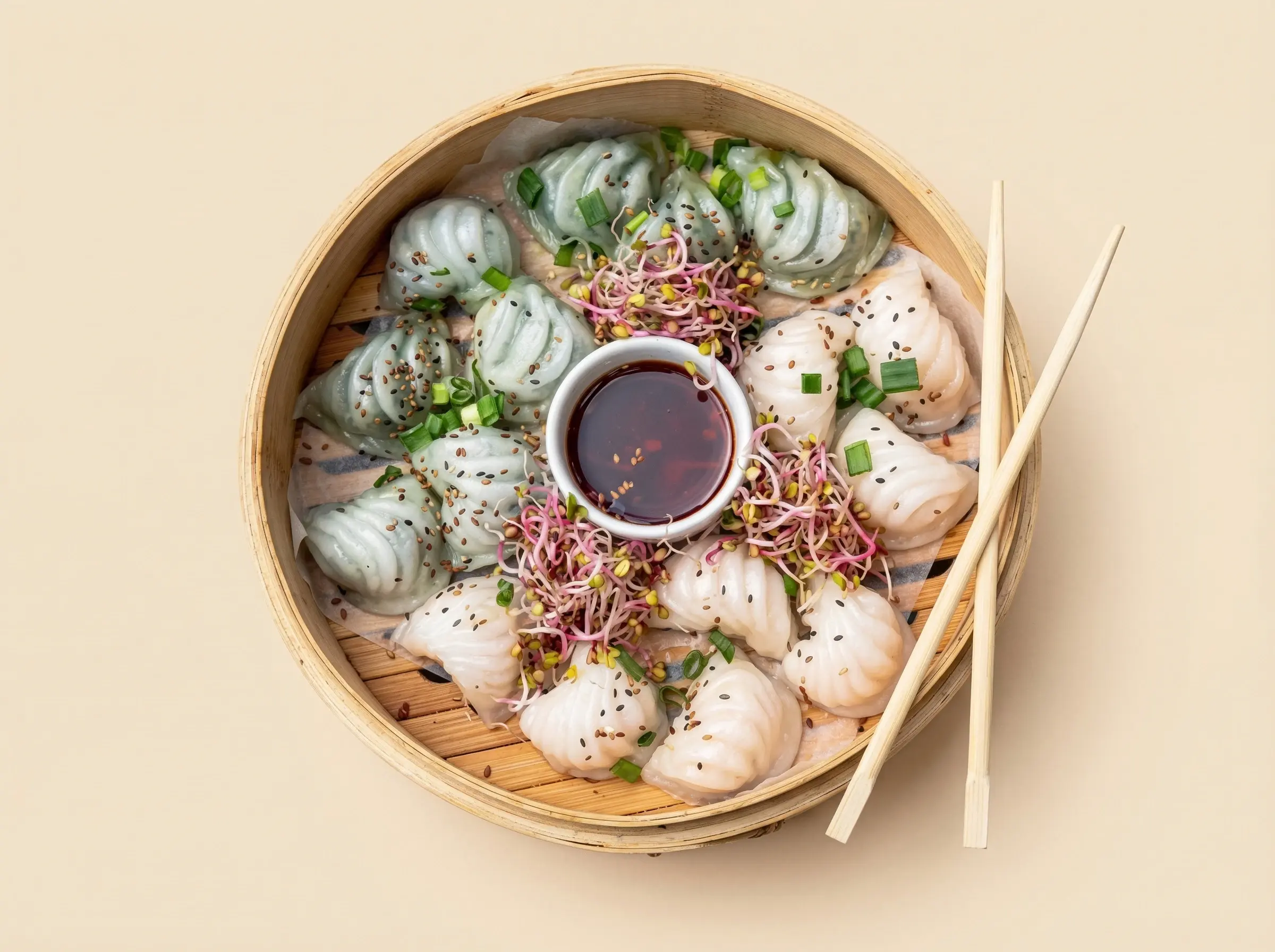 Pierożki Hacao z krewetkami i pędami bambusa.