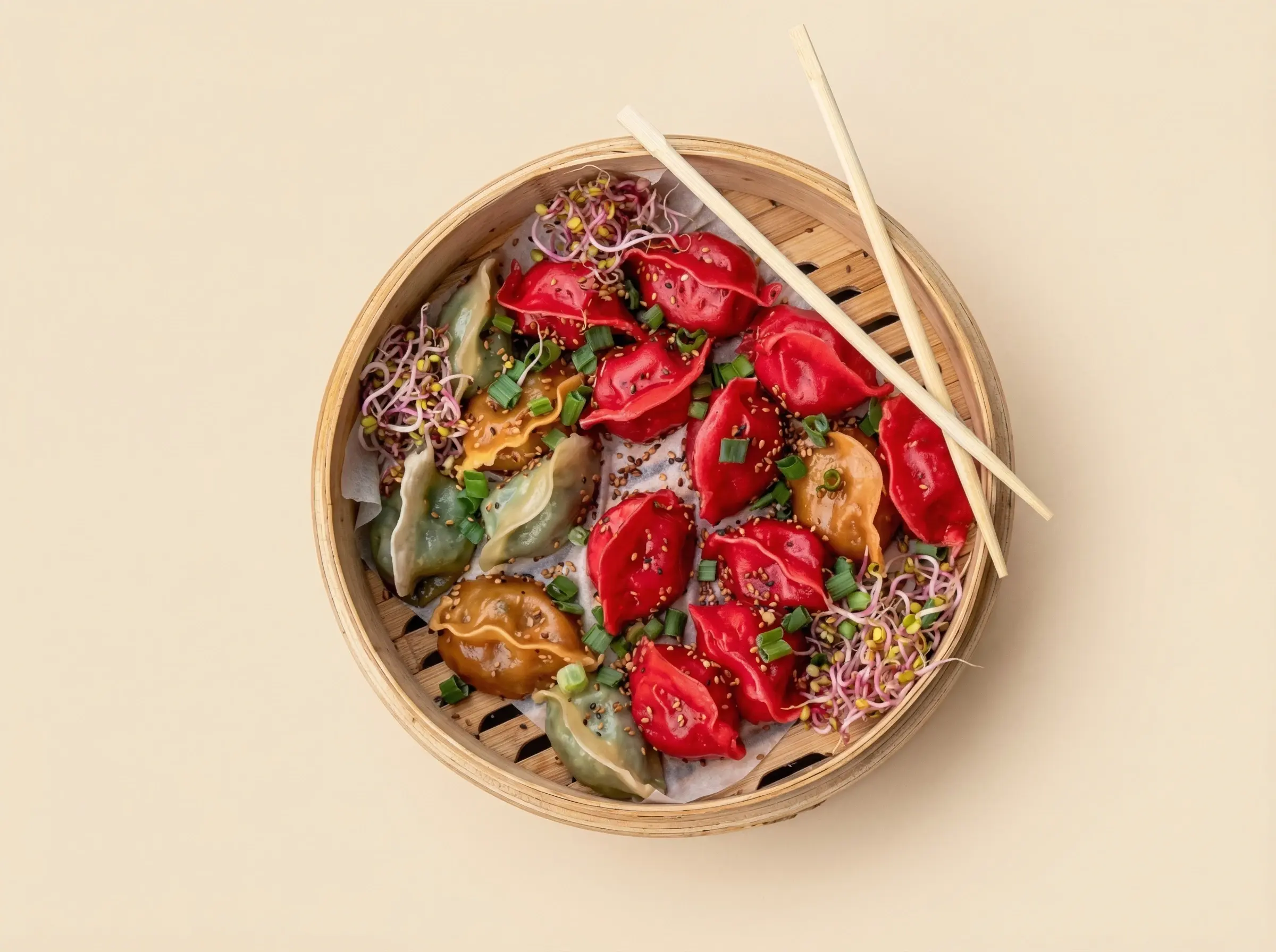 Pierożki Jiaozi mix 10 smaków podane na talerzu.